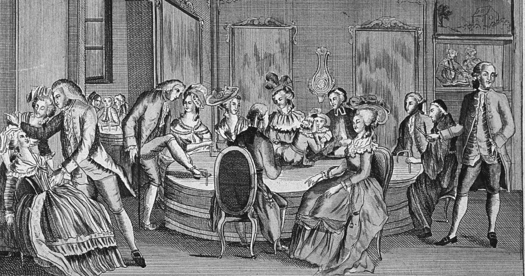 Un dessin représentant un groupe de personnes assises autour d’une table.