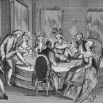 Un dessin représentant un groupe de personnes assises autour d’une table.