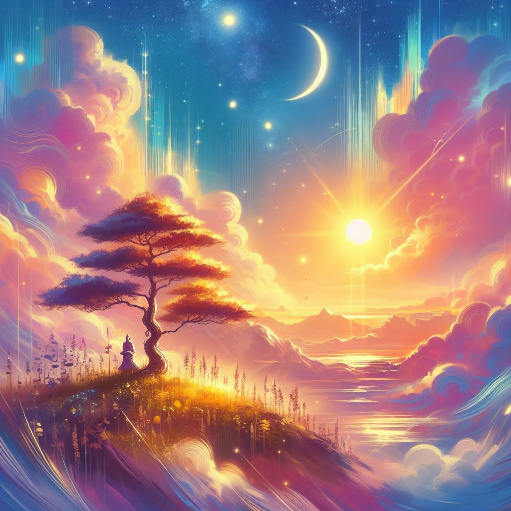 Une peinture d'un arbre solitaire dans le ciel qui permet de se reconnecter à l'énergie environnante et réduire son stress