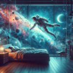 Une chambre conçue pour un sommeil profond et une relaxation, sur le thème de l'espace serein avec un astronaute flottant dans l'espace, représentation de la sensation d'hypnose.