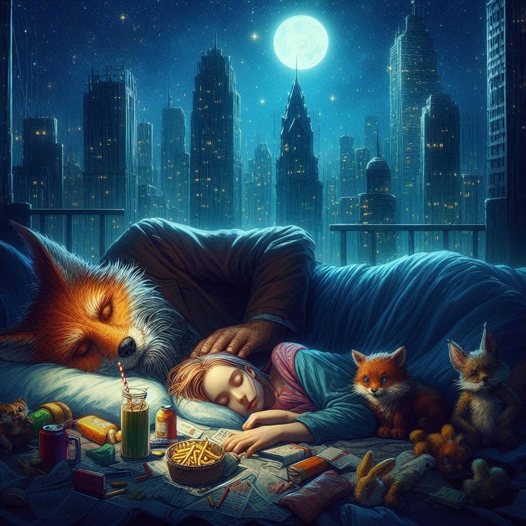 Une fille et un renard qui se repose dans un lit la nuit.