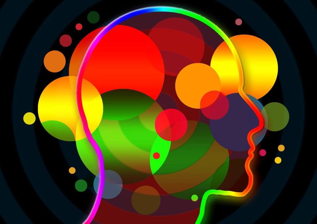 La tête d'une personne entourée de cercles colorés, engagée dans une méditation.