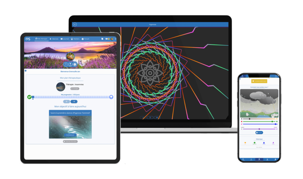 Un ordinateur portable, une tablette et un téléphone affichant une image utilisant la technologie de l'hypnose.