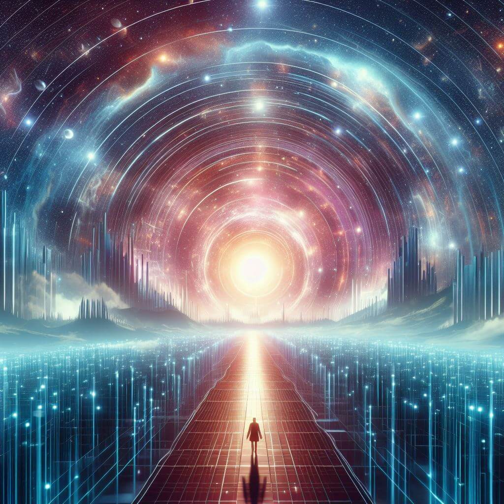 L'image d'un homme marchant dans un tunnel avec des étoiles en arrière-plan, créant une expérience de son bineuraux.