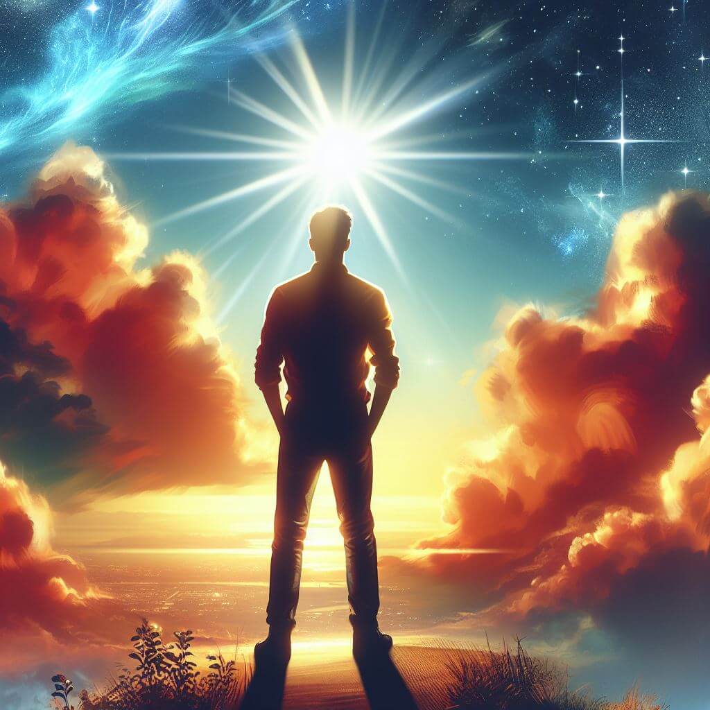 Un homme se tient au sommet d'une colline avec le soleil qui brille sur lui.