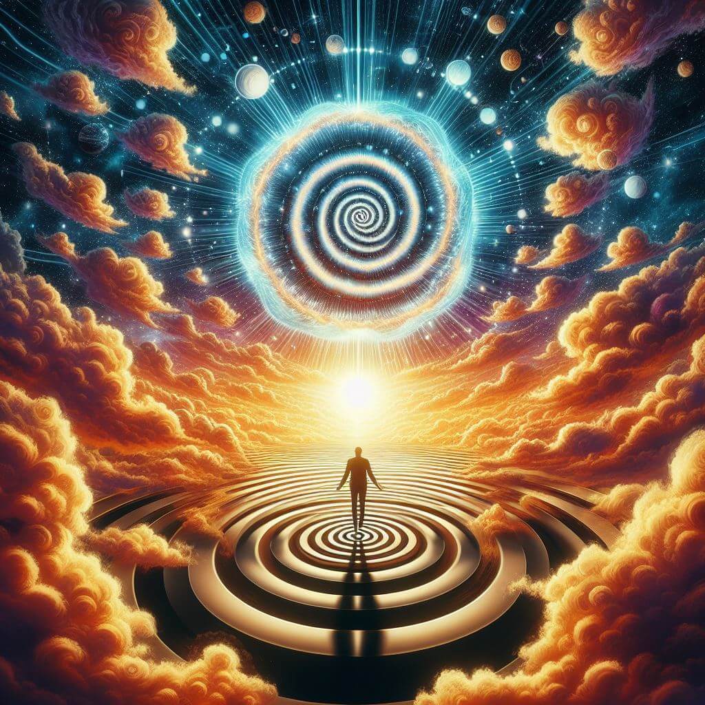 Un homme debout devant une spirale hypnotique.