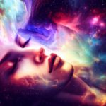 Image d’une femme en état de sommeil, les yeux fermés dans l’espace.