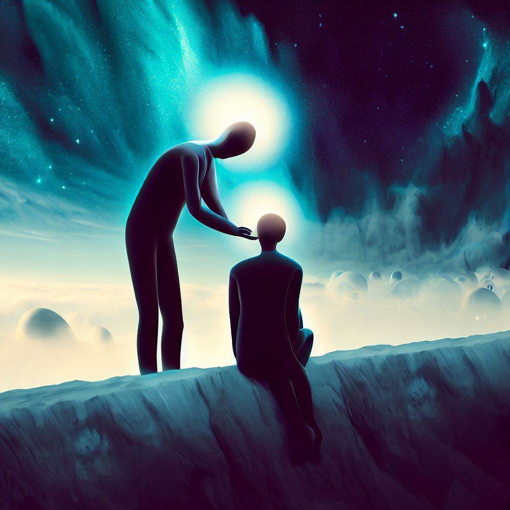 Un homme se tient à côté de son assistant dans le ciel.
