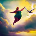 Une femme vêtue d’une robe verte planant élégamment dans le ciel aux côtés d’un oiseau gracieux, incarnant un sentiment d’apesanteur et de liberté.