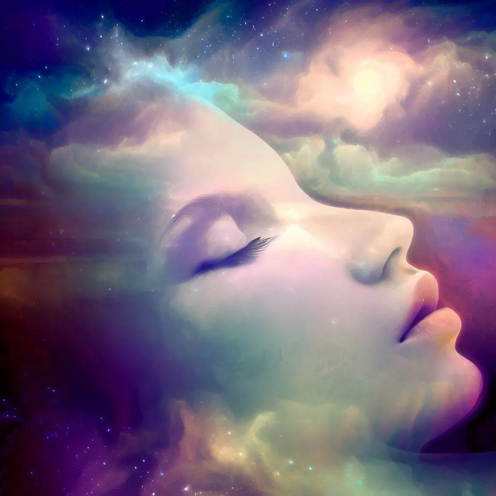 Une tête de femme dans l'espace, entourée de nuages rêveurs et d'étoiles scintillantes.