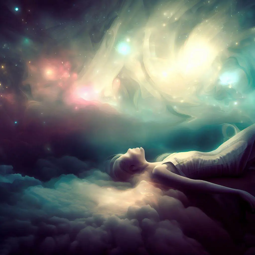 Une femme paisiblement allongée sur un nuage, perdue dans le monde du sommeil et du rêve lucide.
