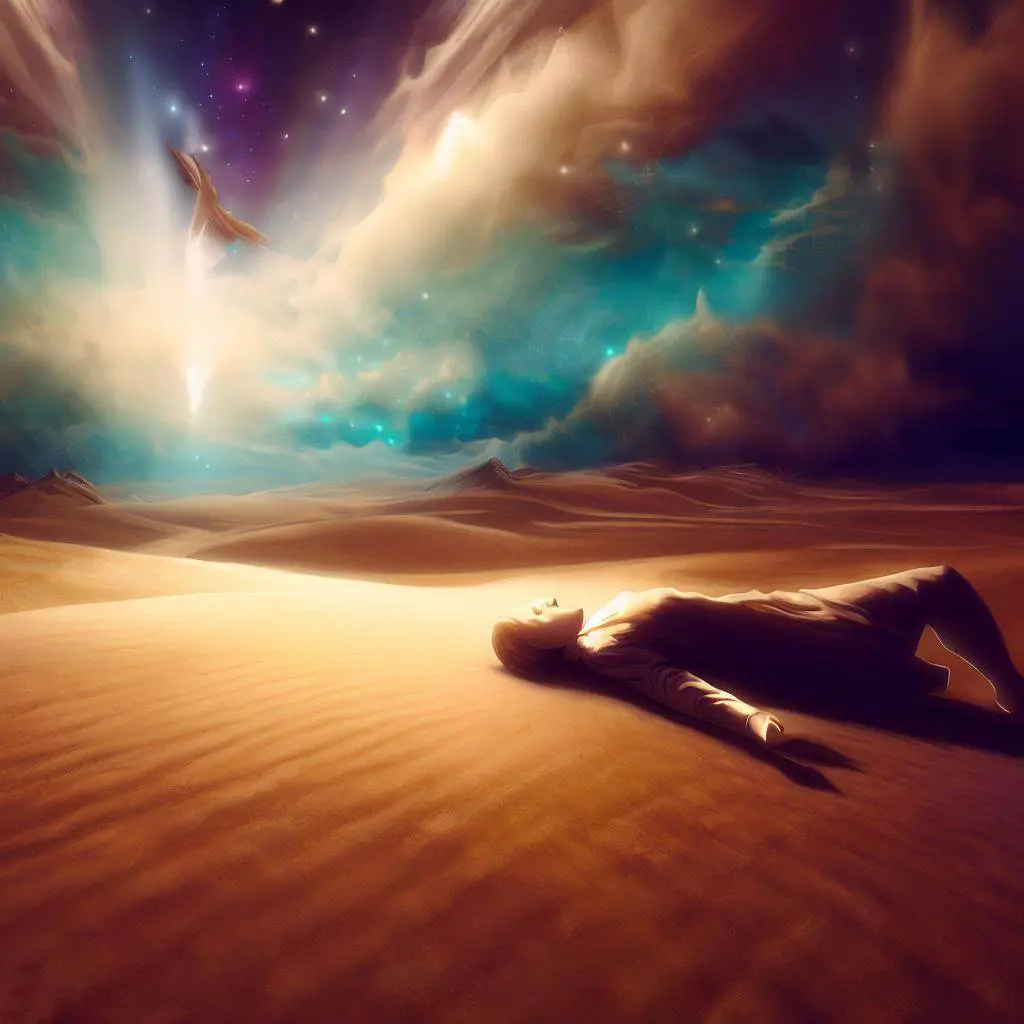 Un homme somnolant sur le sable, avec une étoile dans le ciel.