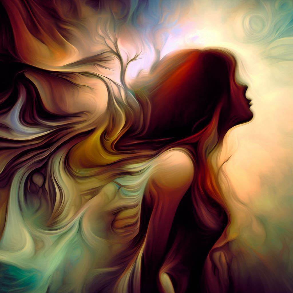Une peinture abstraite représentant une femme aux cheveux longs, évoquant un sentiment de confusion et d'introspection.