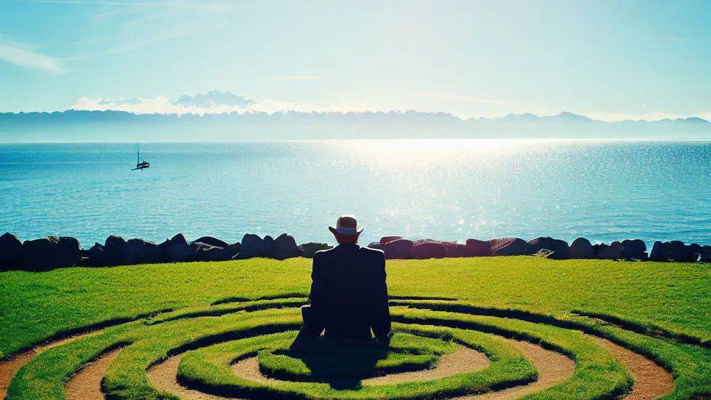 À Lausanne, un homme portant un chapeau est assis, hypnotisé, dans un labyrinthe circulaire surplombant un lac serein.