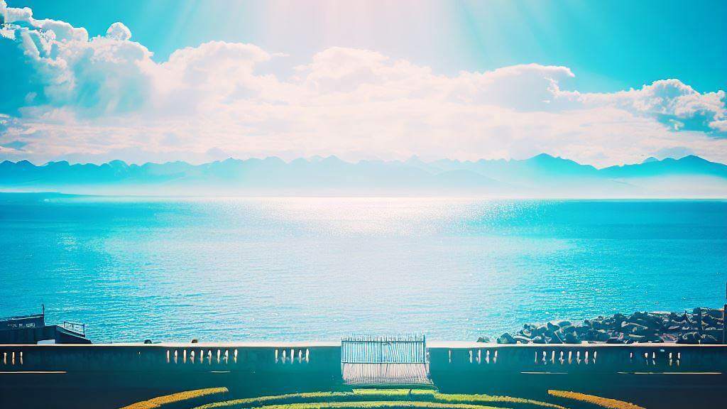 Une vue fascinante sur l'océan et les montagnes avec les chauds rayons du soleil qui brillent à travers une fenêtre à Lausanne.
