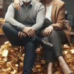 Illustration d'un couple assis sur une montagne d'or illustrant la différence entre richesse matérielle et richesse relationnelle