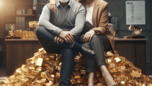 Illustration d'un couple assis sur une montagne d'or illustrant la différence entre richesse matérielle et richesse relationnelle