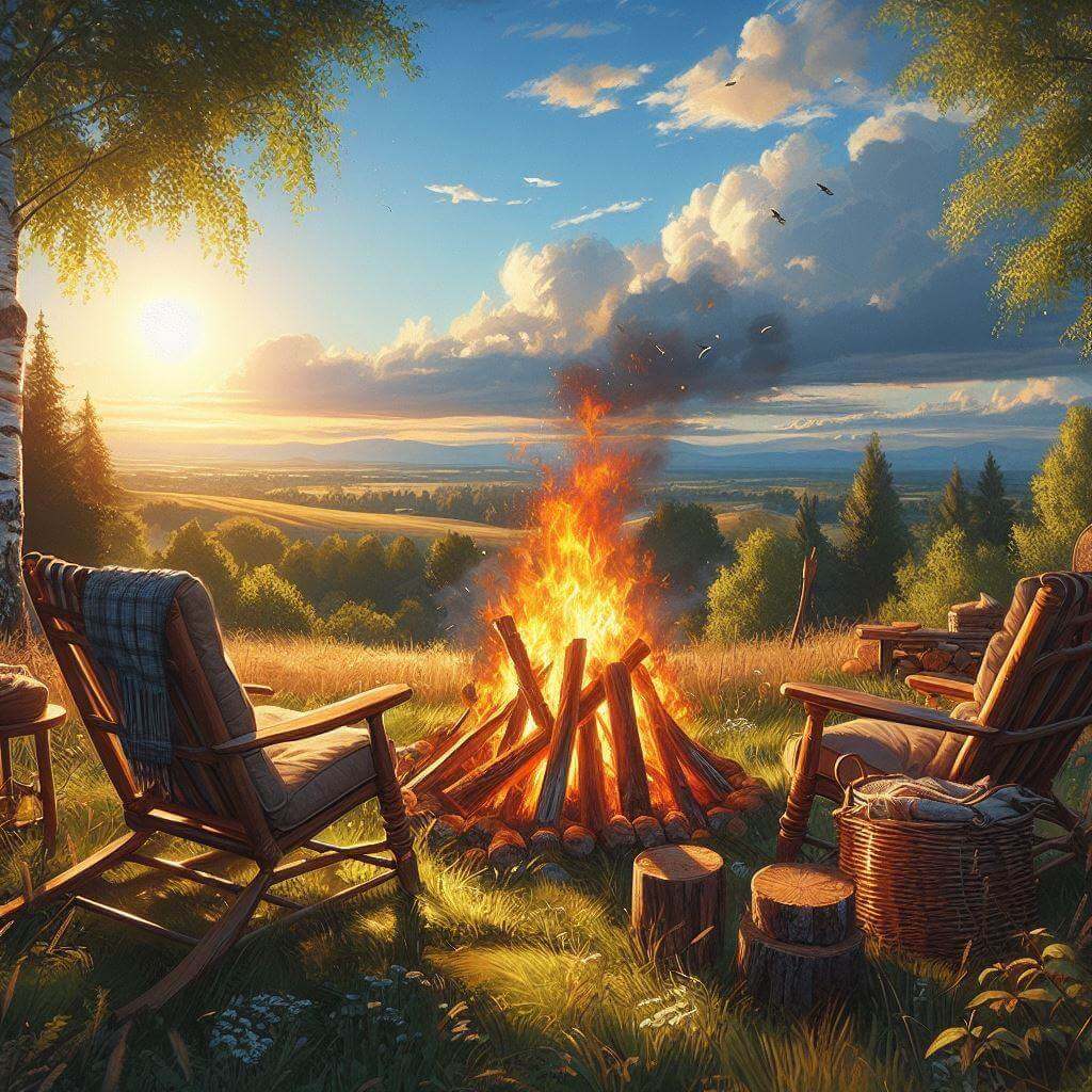 Une peinture représentant un feu de camp entouré de chaises, créant une atmosphère chaleureuse permettant aux couples de se réunir.