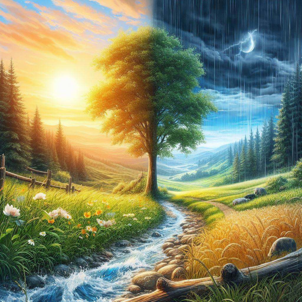 Une peinture tranquille capturant les émotions de sérénité, mettant en vedette un arbre majestueux au bord d’un doux ruisseau.