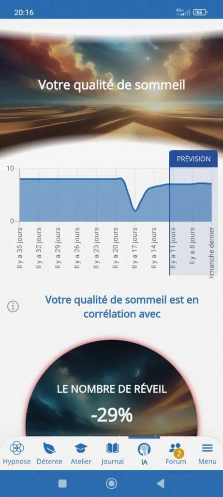 Une capture d'écran d'une application française comportant une horloge, conçue pour faciliter le sommeil (sommeil) ou le sommeil (repos).