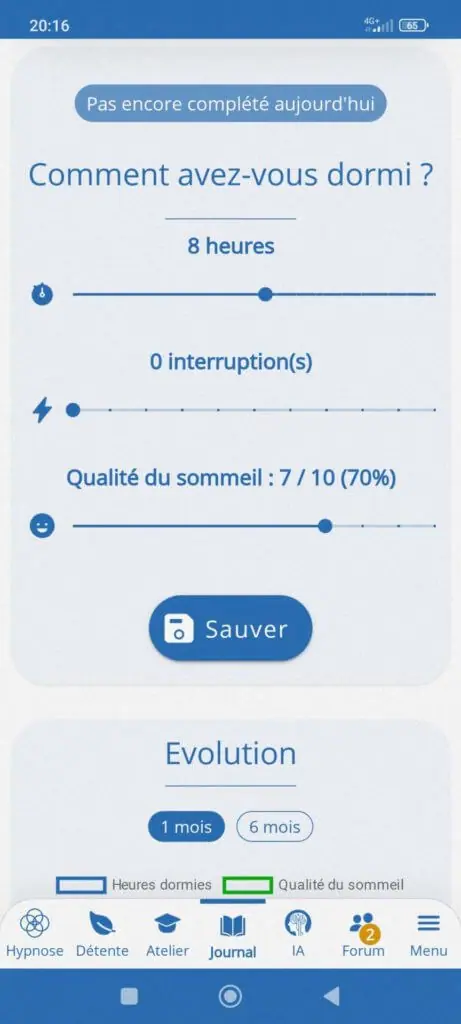 Une capture d'écran de l'application OpenSynaps pour le sommeil en français sur un iPhone.