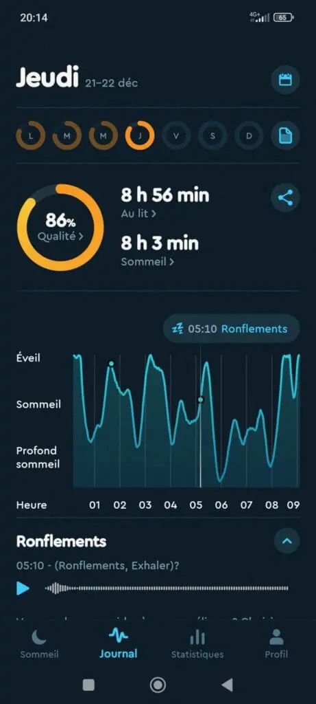 Capture d'écran de l'application Sleep Cycle permettant d'analyser son sommeil