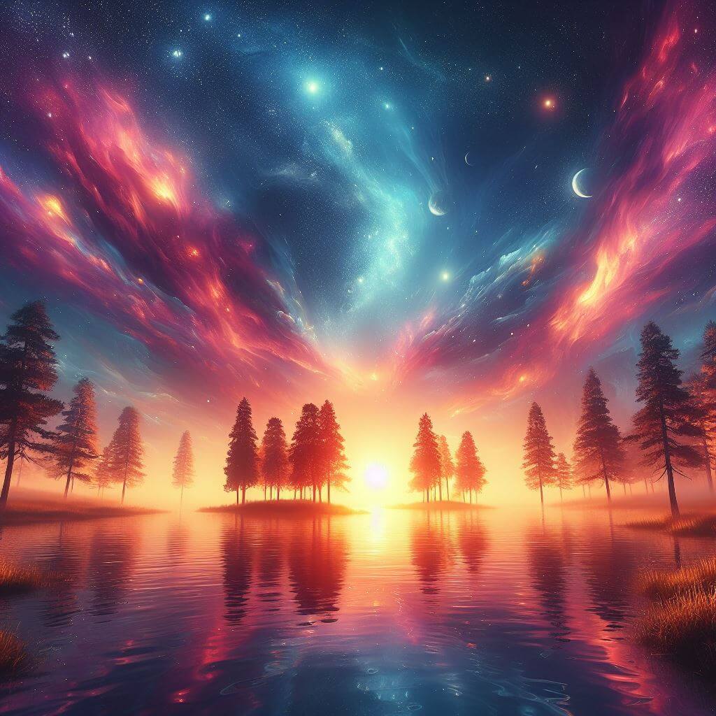 Un ciel nocturne coloré au-dessus d’un lac avec des arbres et des étoiles.