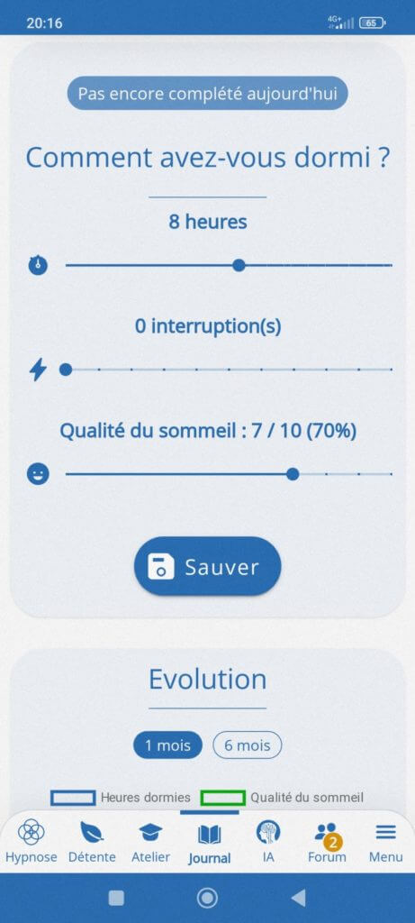 Une capture d'écran de l'application OpenSynaps en français sur un iPhone avec la possibilité de noter la qualité de son sommeil et avoir un suivi