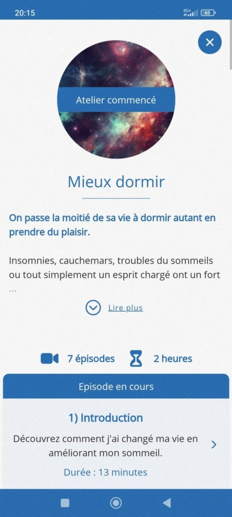 Une capture d'écran de l'application OpenSynaps et de son atelier vidéo "Mieux dormir"