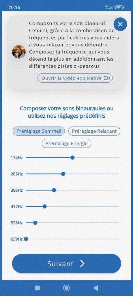 Une capture d'écran de l'application OpenSynaps et du module de sons binauraux permettant de trouver plus rapidement le sommeil et de se relaxer