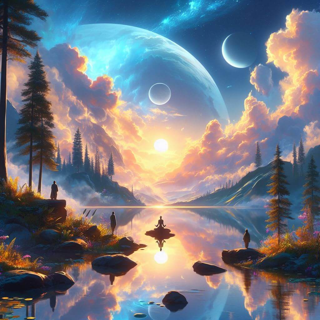 Une peinture représentant un lac serein sans aucune frustration avec une lune rougeoyante et des planètes lointaines en arrière-plan.