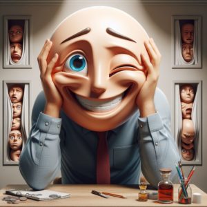 Illustration d'un personnage masqué souriant assis à un bureau entouré de divers masques au mur, véhiculant différentes émotions dont l'angoisse.