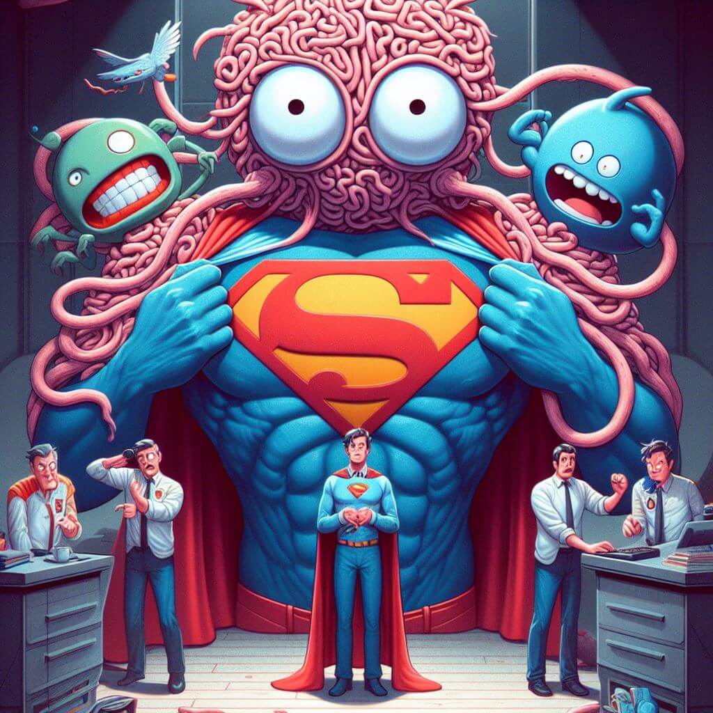 Illustration d'un super-héros ressemblant à Superman avec un cerveau comiquement grand et de multiples bras, entouré d'employés de bureau surpris et aux prises avec l'anxiété.