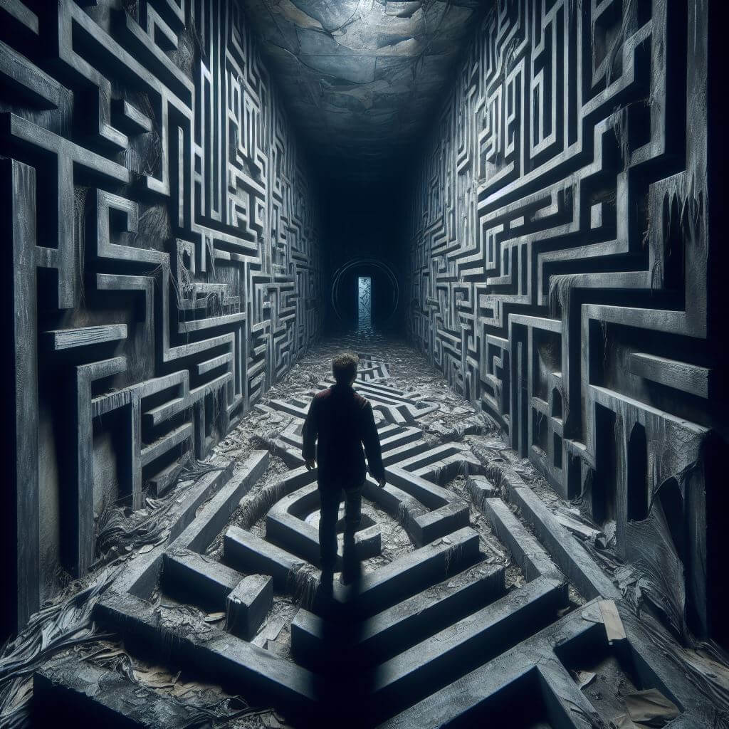 Une personne se tient debout dans une vaste structure en forme de labyrinthe, éclairée par une douce lumière bleue, face à une porte circulaire au fond du couloir, qui provoque des cauchemars.