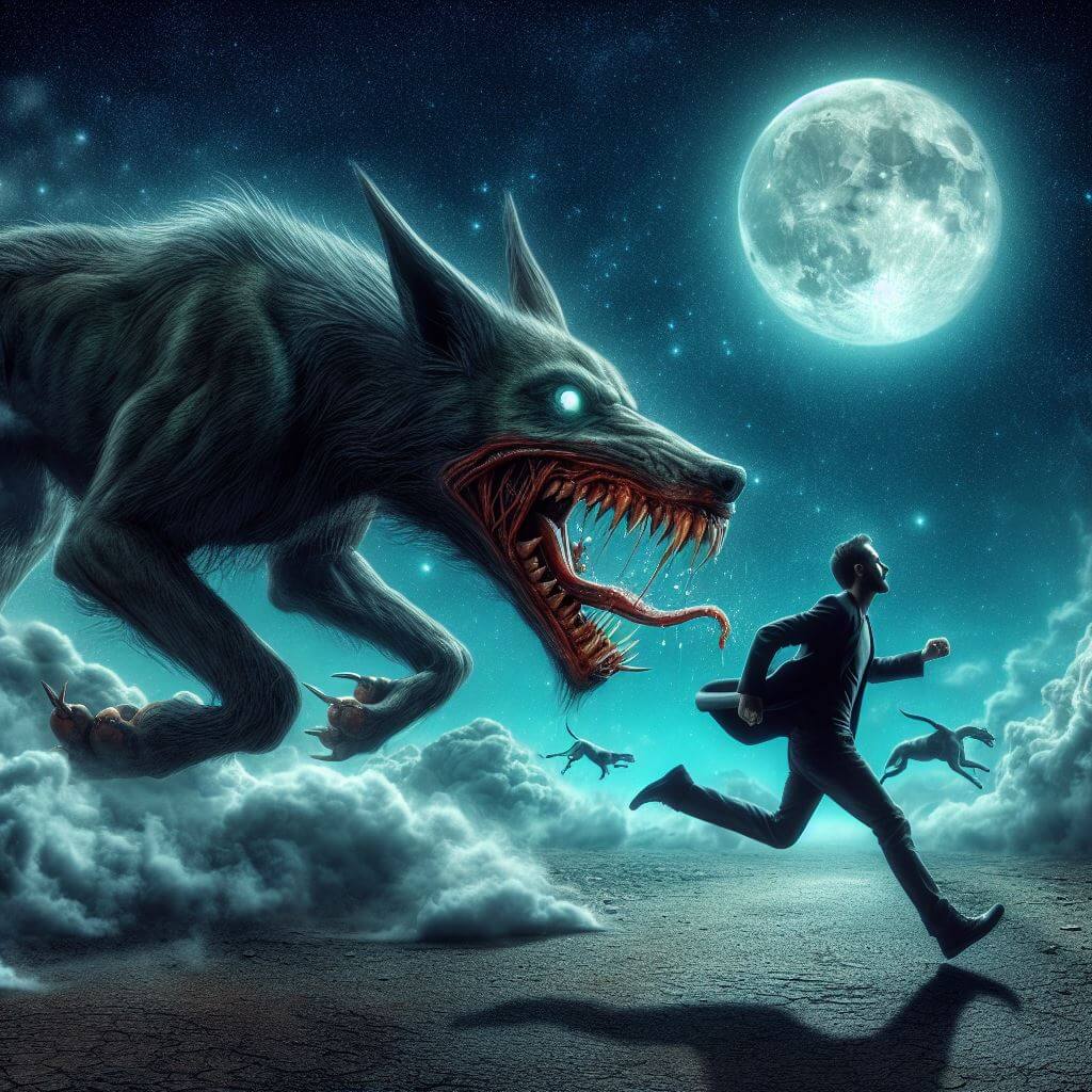 Un homme en costume fuit un grand loup monstrueux sous un ciel nocturne avec une pleine lune, illustrant l'une des causes des cauchemars.
