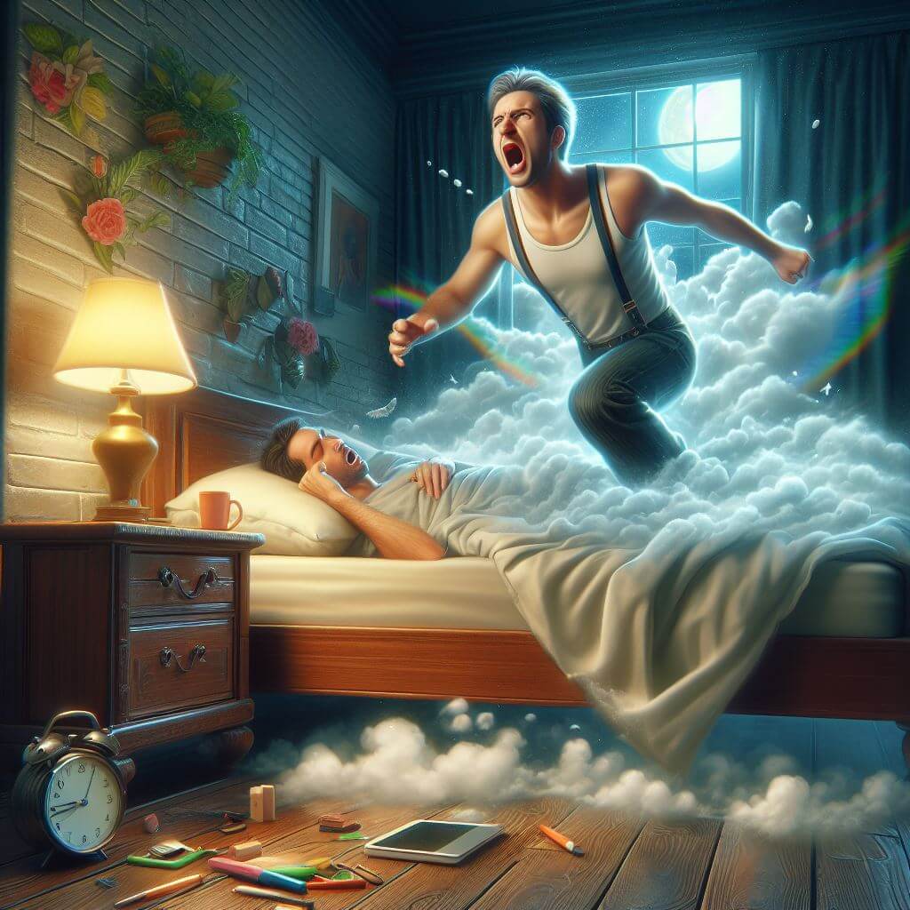 Une personne en débardeur saute avec animation par-dessus un lit où dort une autre personne, au milieu d'un décor surréaliste semblable à des nuages et d'effets de lumière rougeoyante dans une chambre confortable, provoquant potentiellement des cauchemars.