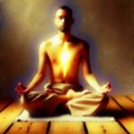 Un homme est assis sur un tapis, les jambes croisées, et médite avec une lumière incandescente au niveau de sa poitrine, dans une pièce à l'éclairage tamisé et au sol en bois.