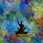 La silhouette d'une personne assise les jambes croisées sur des blocs de couleur est centrée sur un fond vibrant, abstrait et tourbillonnant.