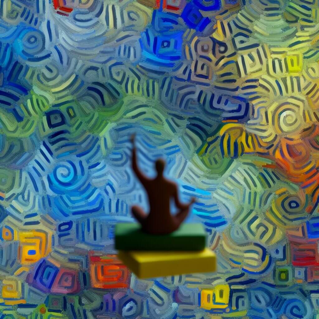 La silhouette d'une personne assise les jambes croisées sur des blocs de couleur est centrée sur un fond vibrant, abstrait et tourbillonnant.