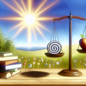 Une balance équilibre un objet en spirale et une pomme en plein air, avec des livres empilés à proximité et un soleil brillant sur un champ de sucettes colorées.