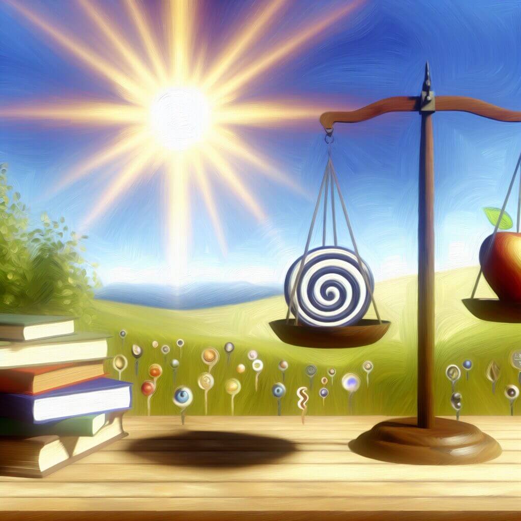 Une balance équilibre un objet en spirale et une pomme en plein air, avec des livres empilés à proximité et un soleil brillant sur un champ de sucettes colorées.